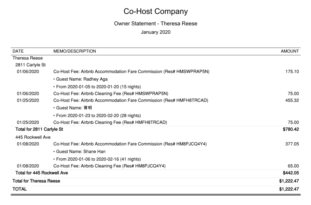 Airbnb Co-Host Accounting QuickBooks Monthly Owner Statement Report