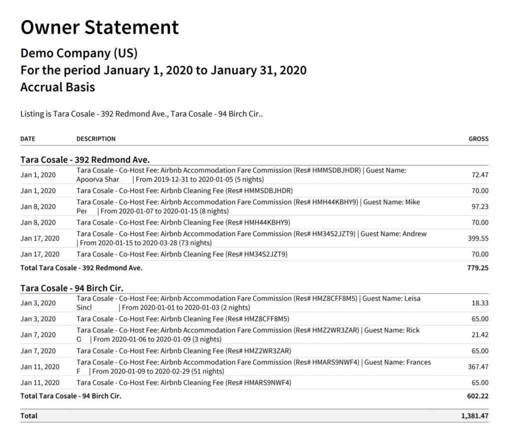 Airbnb Co-Host Accounting Xero Monthly Owner Statement Report