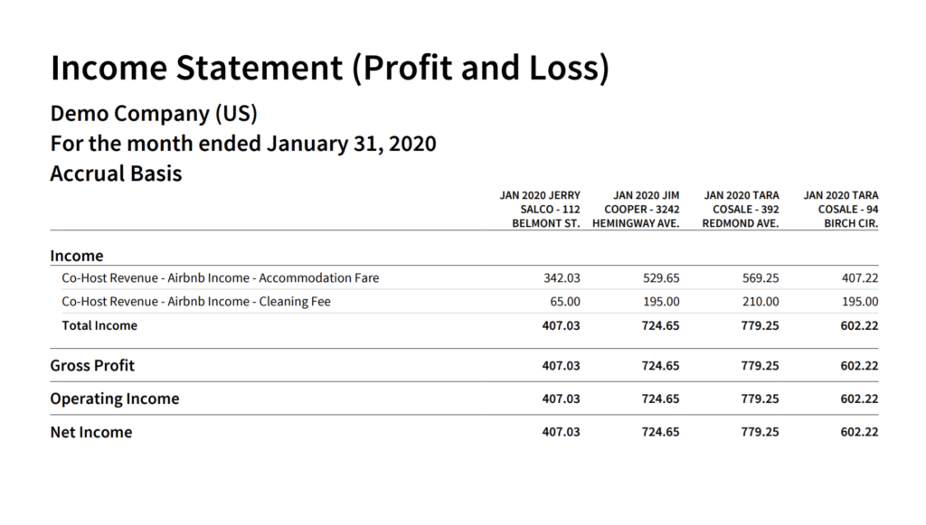 Airbnb Co-Host Accounting Automation Xero Income Statement